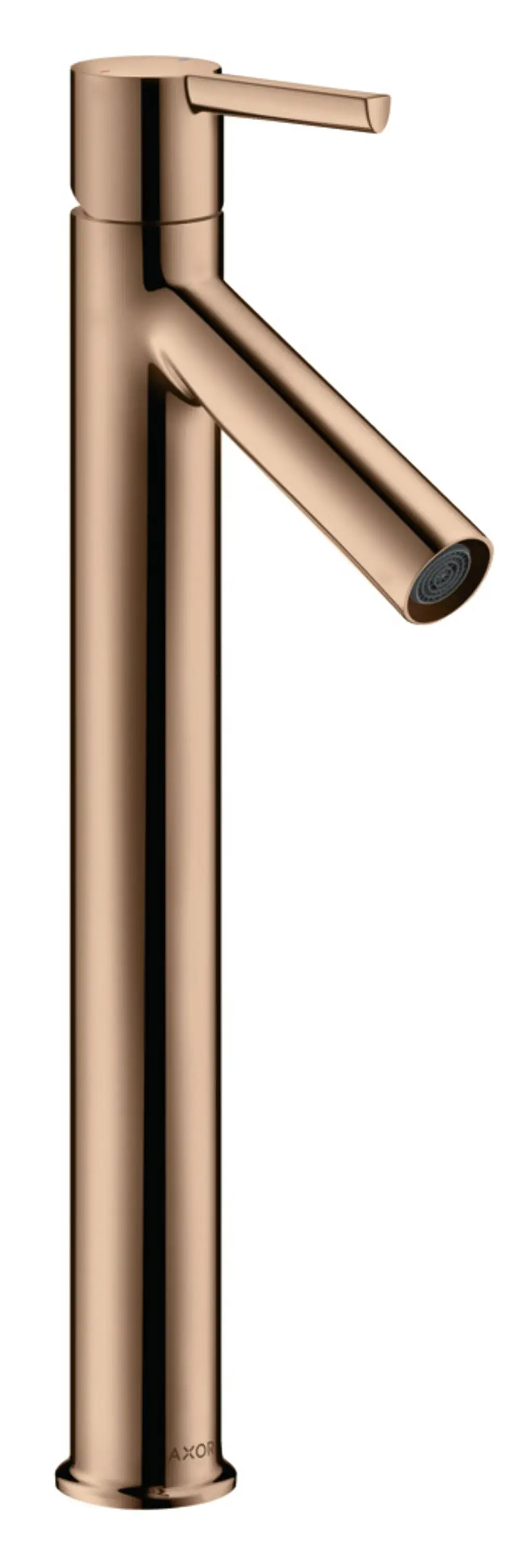 Waschtischmischer in Polished Red Gold von AXOR, mit einem hohen, schlanken Auslauf und einem seitlichen Hebelgriff für die Steuerung des Wasserflusses.